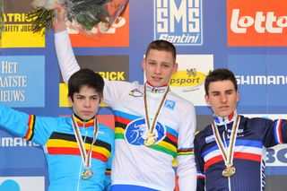 Wout van Aert and Mathieu van der Poel on the podium of the 2012 Junior Cyclo-cross World Championships