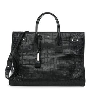 Saint Laurent Calfskin Crocodile Embossed Large Thin Sac De Jour Black