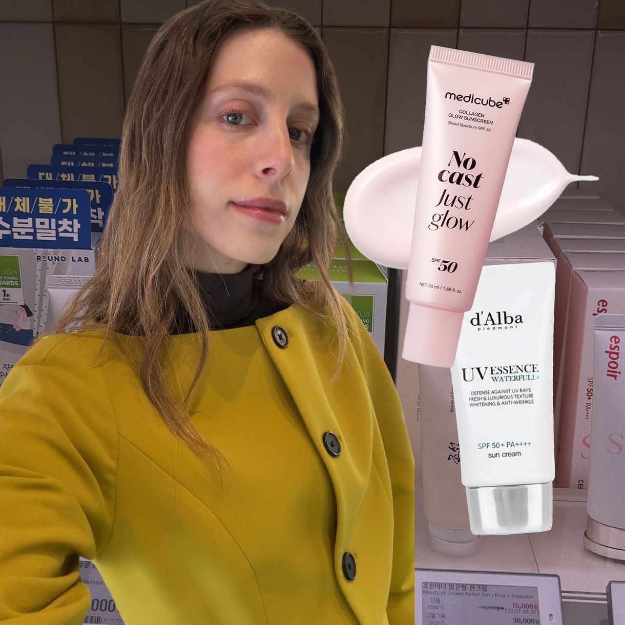 Photo collage of Jamie Schneider testing Korean sunscreens 