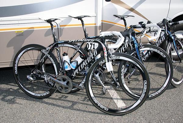 Fabian Wegmann's bike was normal looking enough but was fitted with what looked to be the latest iteration of Shimano's pending electronic Dura-Ace group.