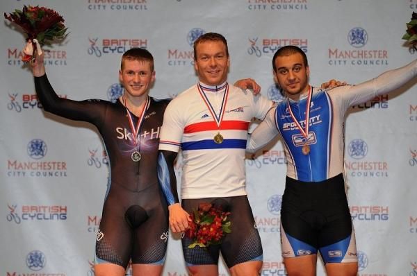Podium for the Men's Keirin with four time Olympic Champion Chris Hoy winning, just, from Olympic champion Jason Kenny and Academy rider Christian Lyte.