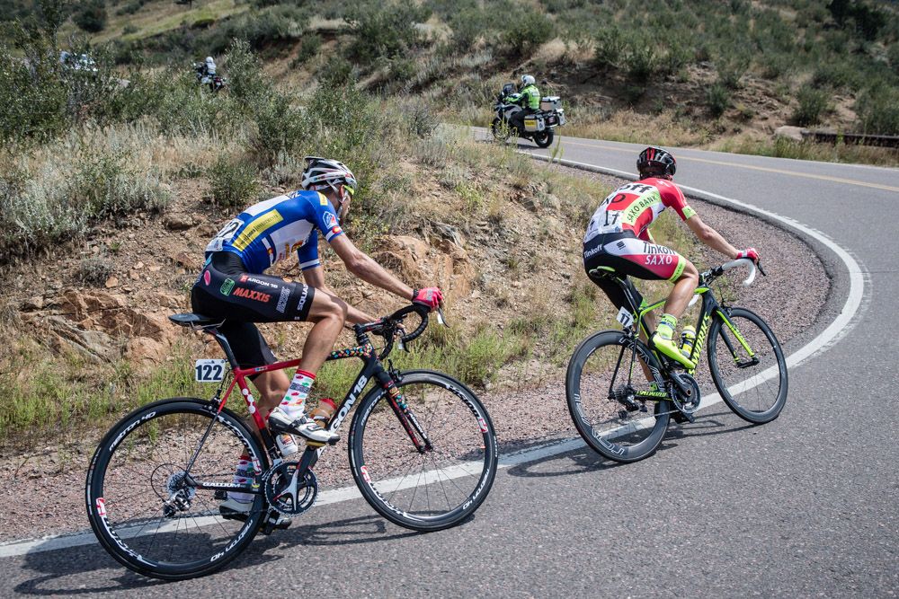 Chris Anker Sorensen (Tinkoff-Saxo) and Alexandr Braico (Jelly Belly) hit the climb