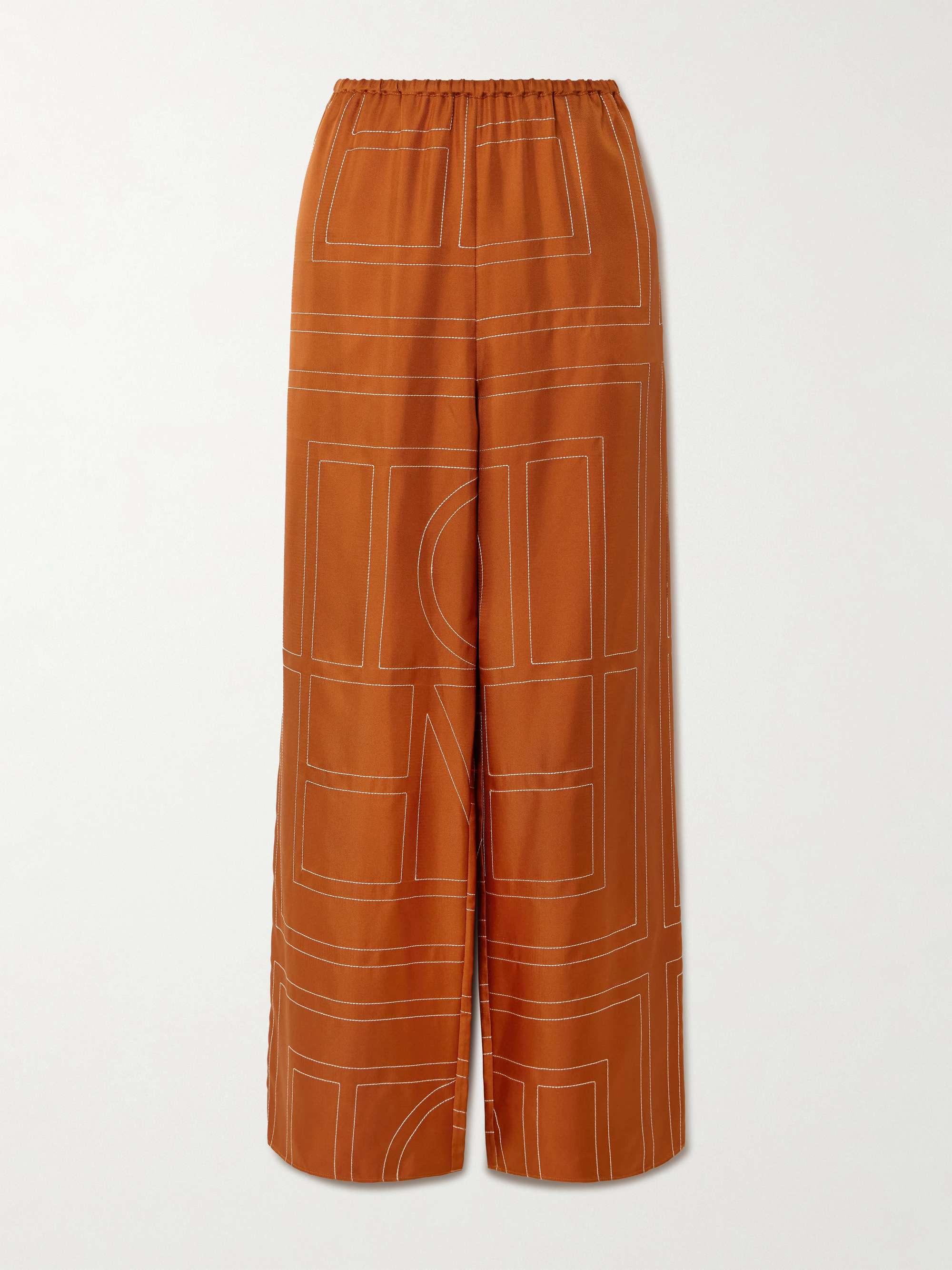 Embroidered Silk-Twill Wide-Leg Pants