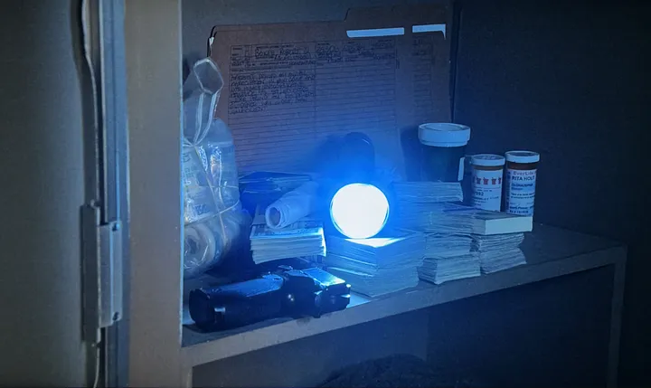 A photograph of the inside of a cabinet with various items on a shelf, including a lit torch aimed right at the lens.
