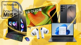 Collage of tech from the Best Buy sale, including an LG OLED TV, Lenovo laptop, Apple AirPods, Bose headphones, ibuypower PC and Galaxy S26 Ultra