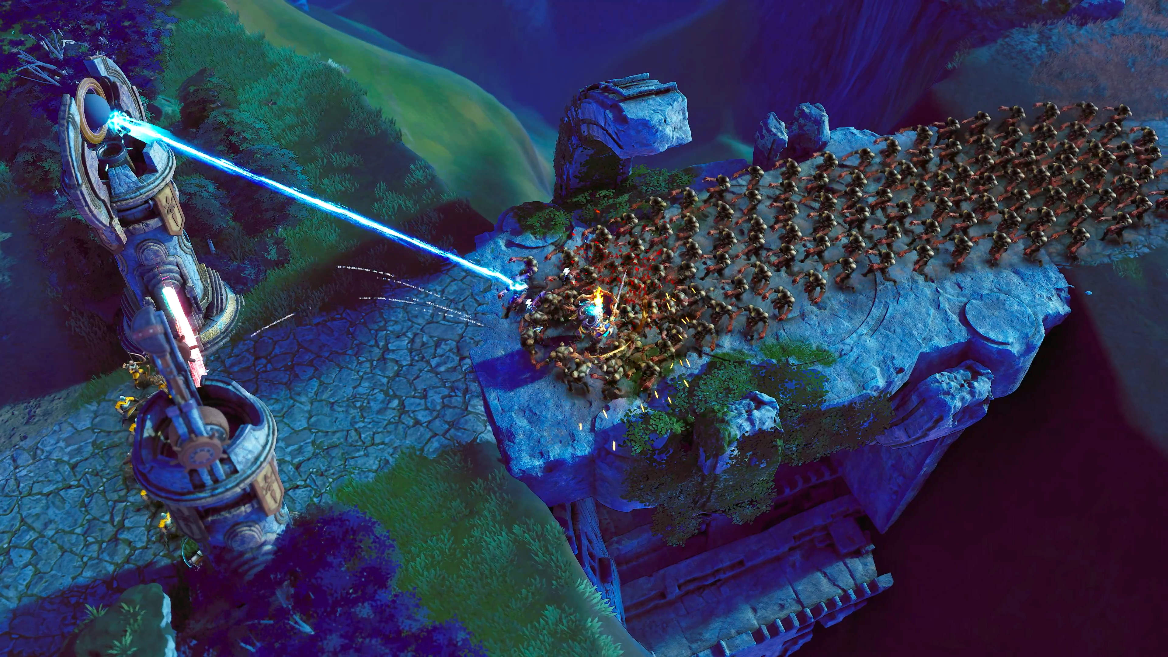 A lightning bolt shoots down from an ornate monolith tower into a crowded bridge