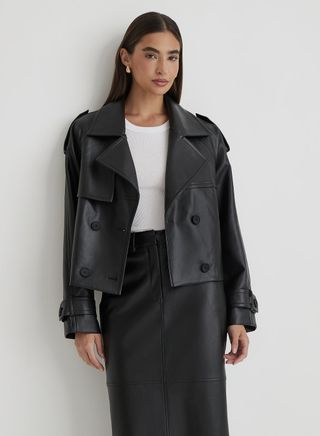 Black Faux Leather Cropped Trench Coat- Dayna