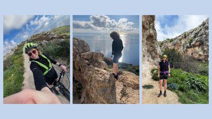 Grace Walsh on e-bike, climbing rock near sea, and standing in climbing harness near rocks