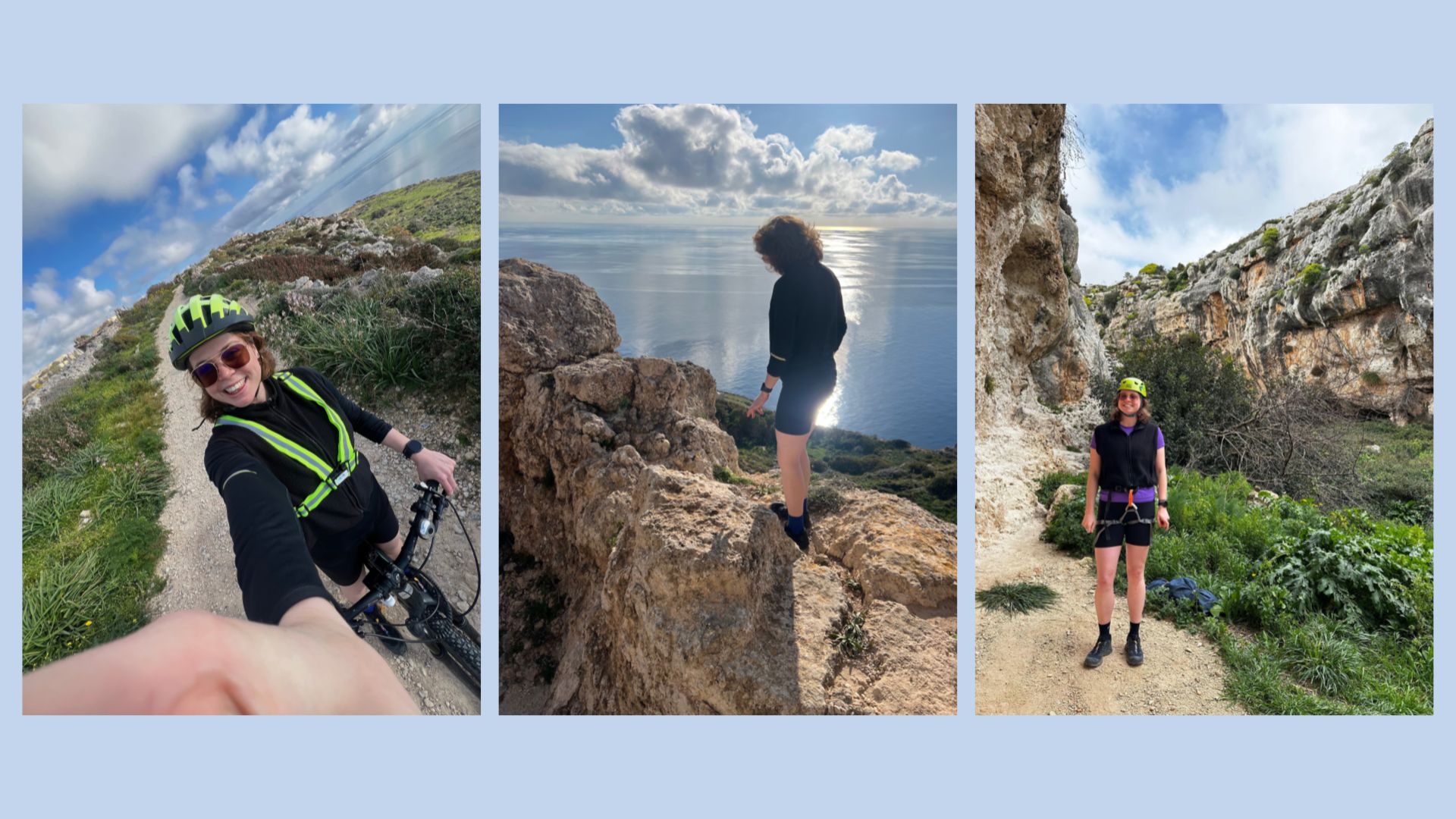 Grace Walsh on e-bike, climbing rock near sea, and standing in climbing harness near rocks