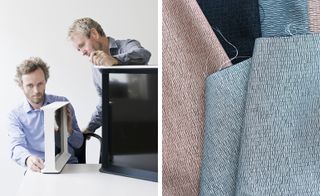 Left: Ronan and Erwan Bouroullec. Right: swatches of the fabrics used to cover the rear of the televisions