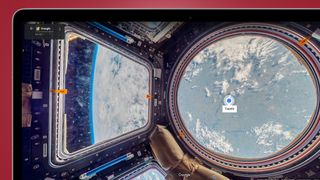 A laptop on a red background showing the Google Street View ISS