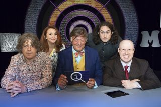 QI host Stephen Fry with Alan Davies, Lucy Porter, Ross Noble and Matt Lucas