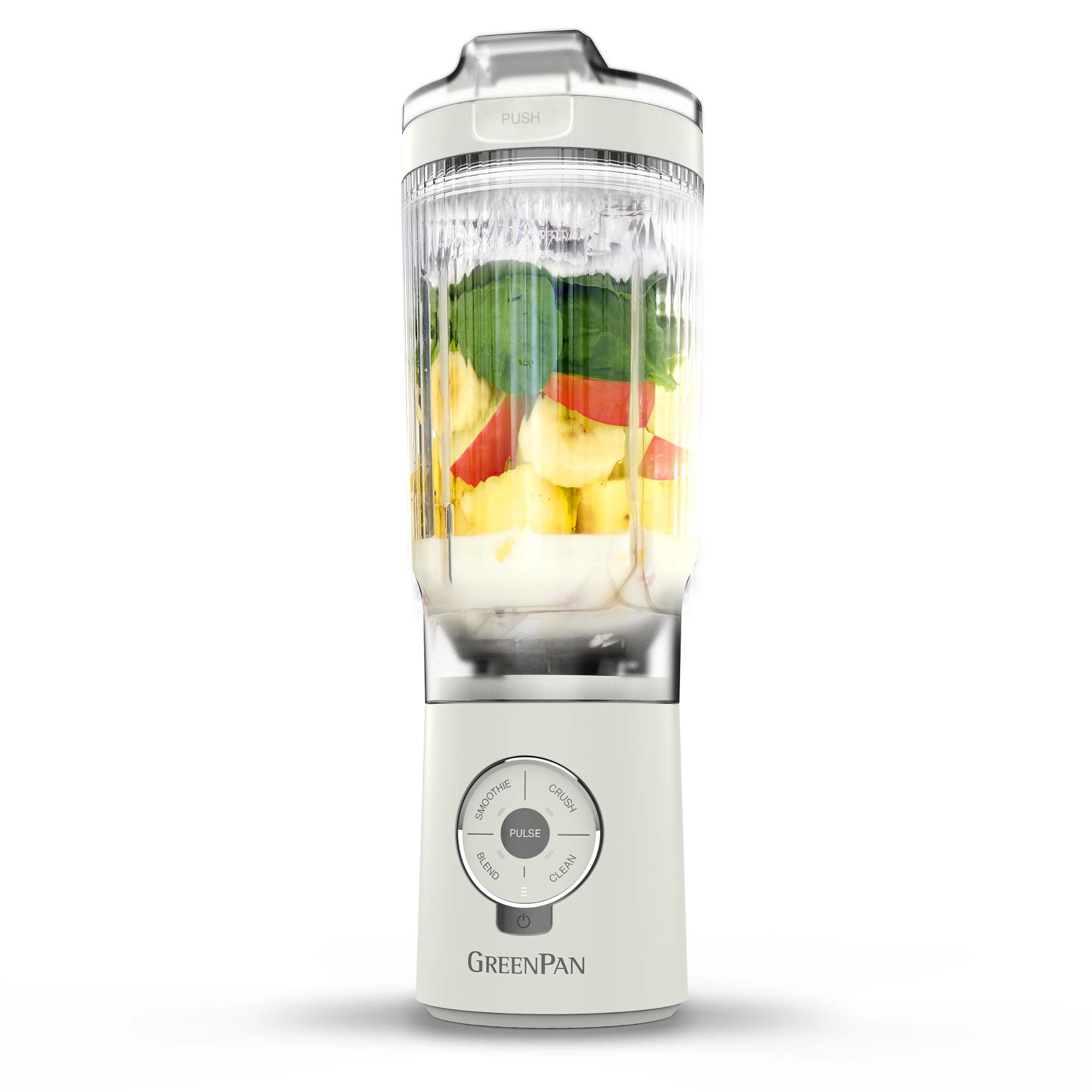 A white GreenPan spin &amp;amp; go blender with fresh fruit inside.