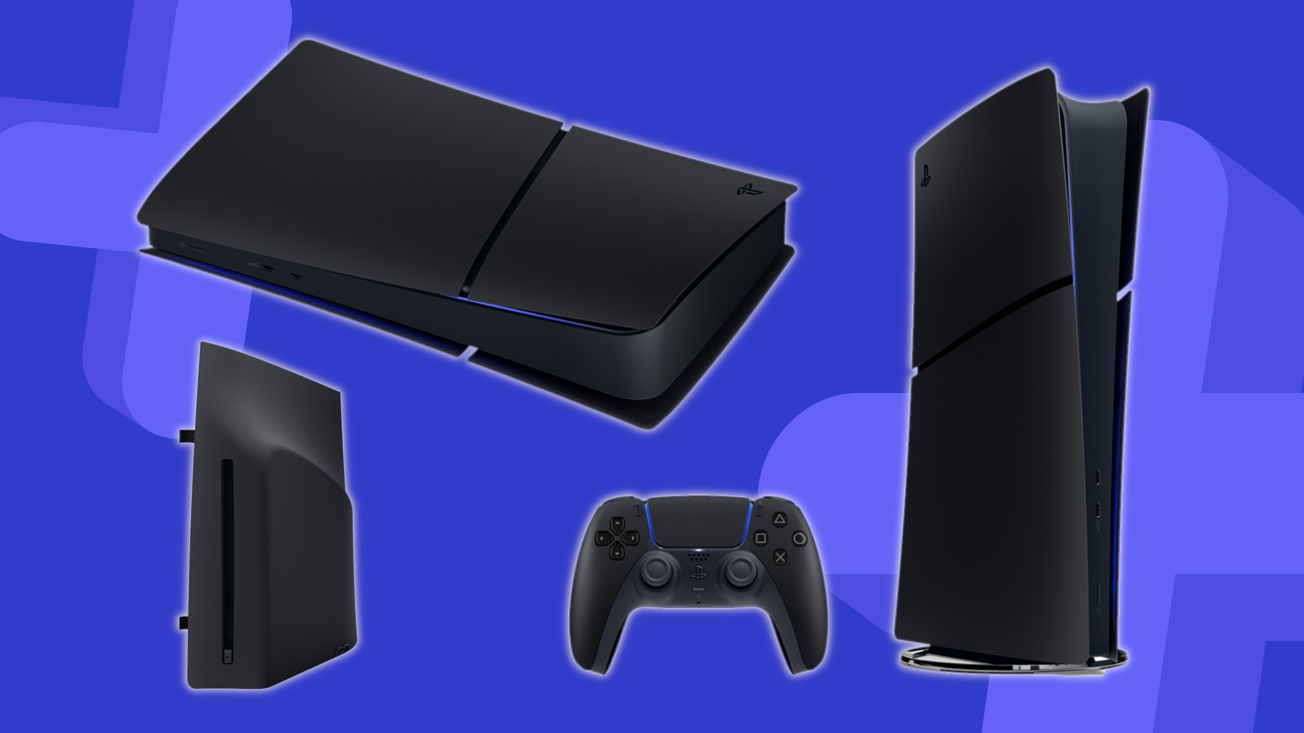 Midnight Black PS5 standing up and laying down with a matching DualSense and disc drive on a blue background