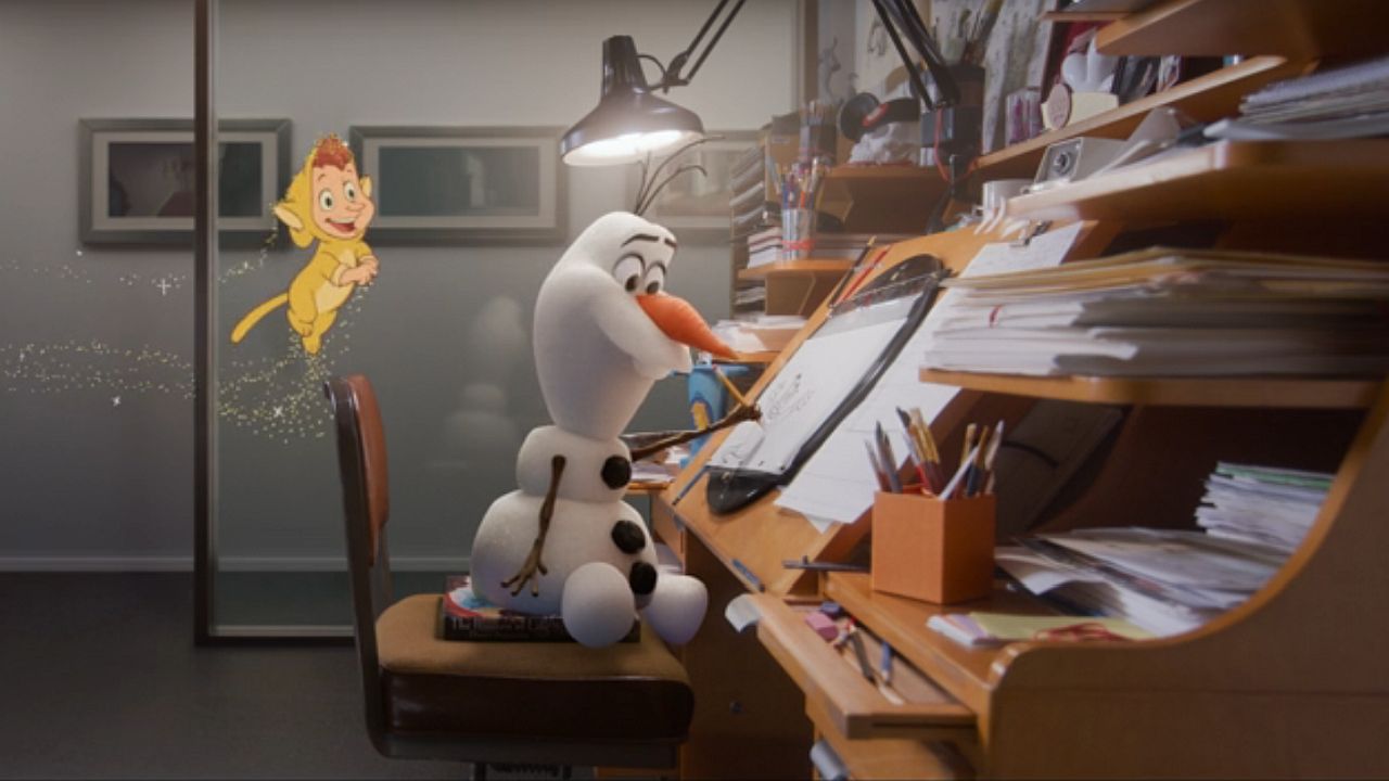 Olaf and Robin Williams in Once Upon a Studio