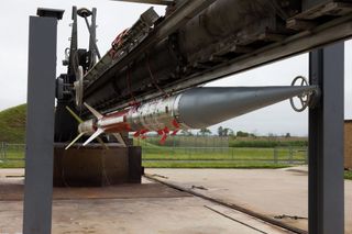 A Terrier-Improved Malemute sounding rocket is seen on its launch rail ahead of a June 18, 2017 launch attempt from NASA's Wallops Flight Facility on Wallops Island, Virginia.