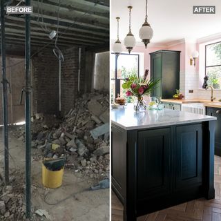 basement kitchen makeover with emerald green units marble worktops and pink walls split