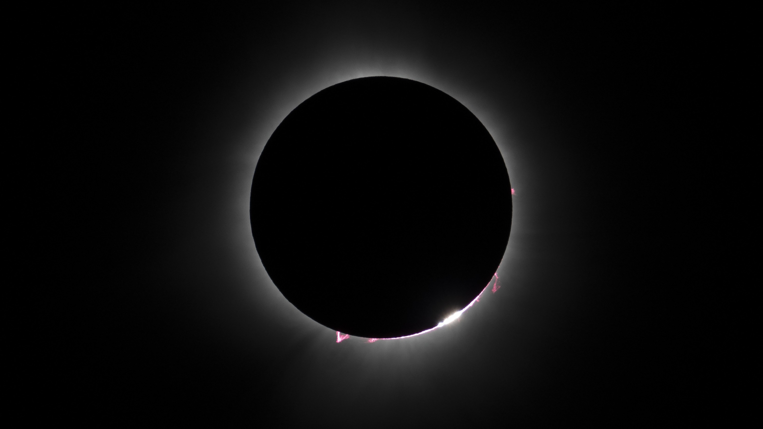 close up view of a total solar eclipse showing towering large pink features on the outskirts of the eclipse.
