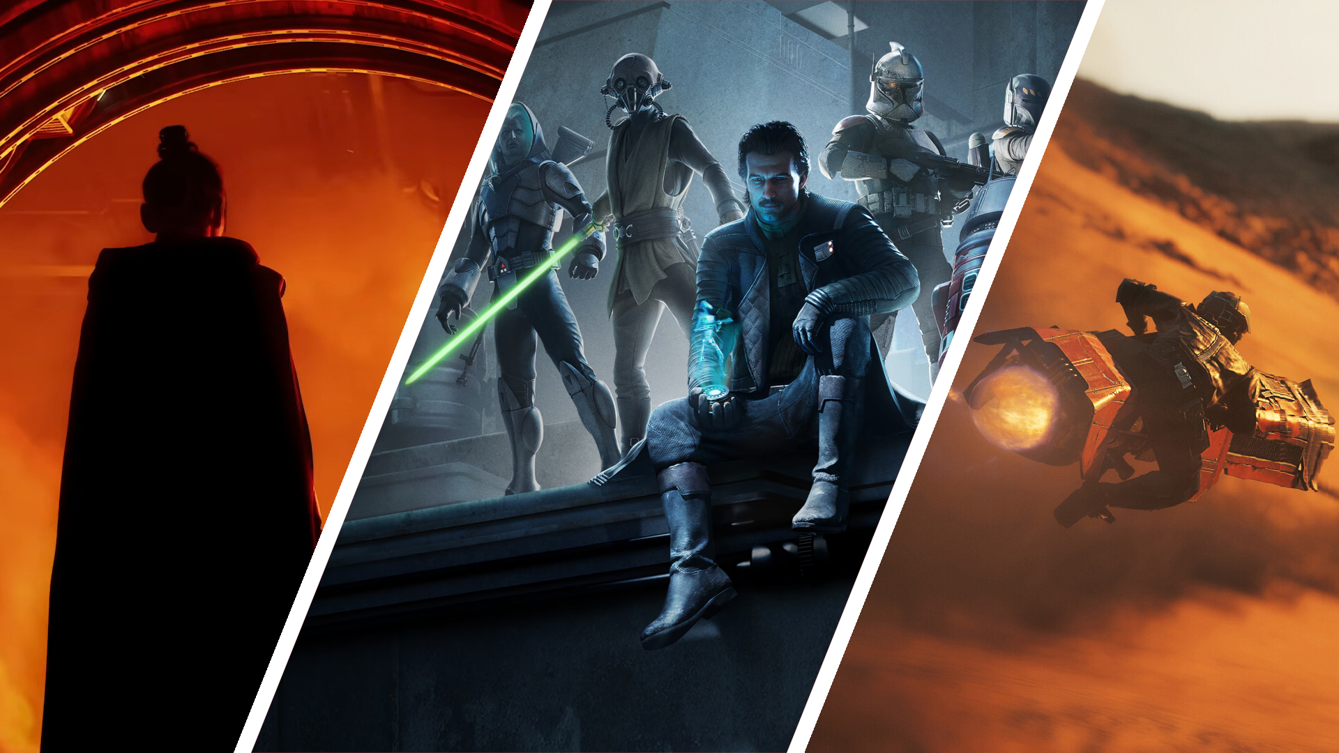 Split image showing three upcoming Star Wars games: Star Wars: Fate of the Old Republic, Star Wars: Zero Company, &amp; Star Wars: Galactic Racer