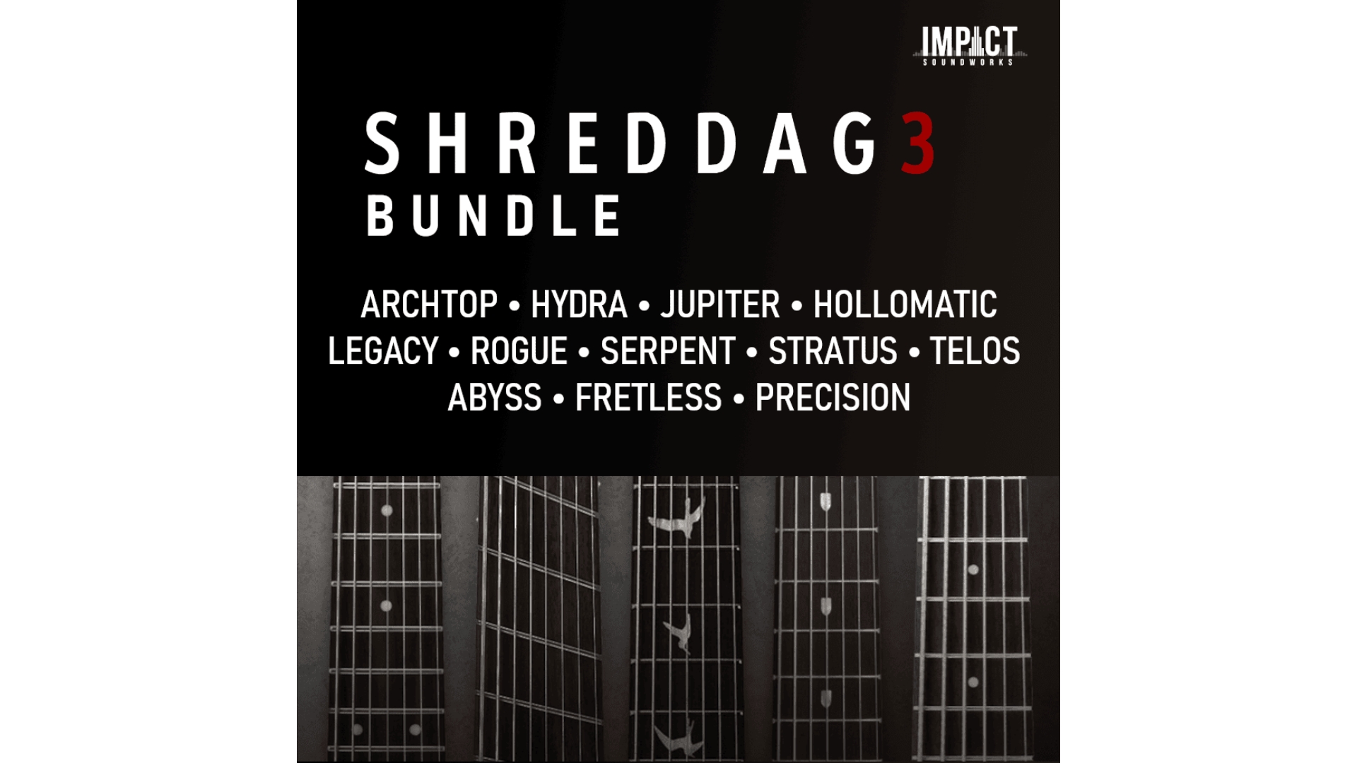 A promo image for Impact Soundworks Shreddage 3 Bundle guitar VST