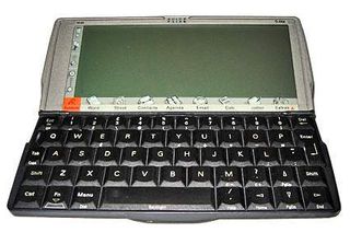 Front view of the Psion 5mx fully opened [Photo by Barry Gerber]
