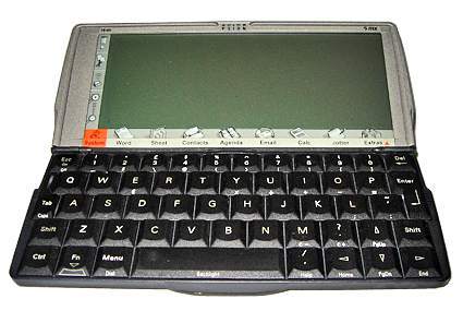 Front view of the Psion 5mx fully opened [Photo by Barry Gerber]