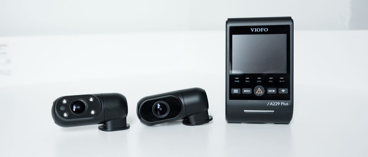 Viofo A229 Plus dashcam showing the main camera unit, the rear camera and the interior camera