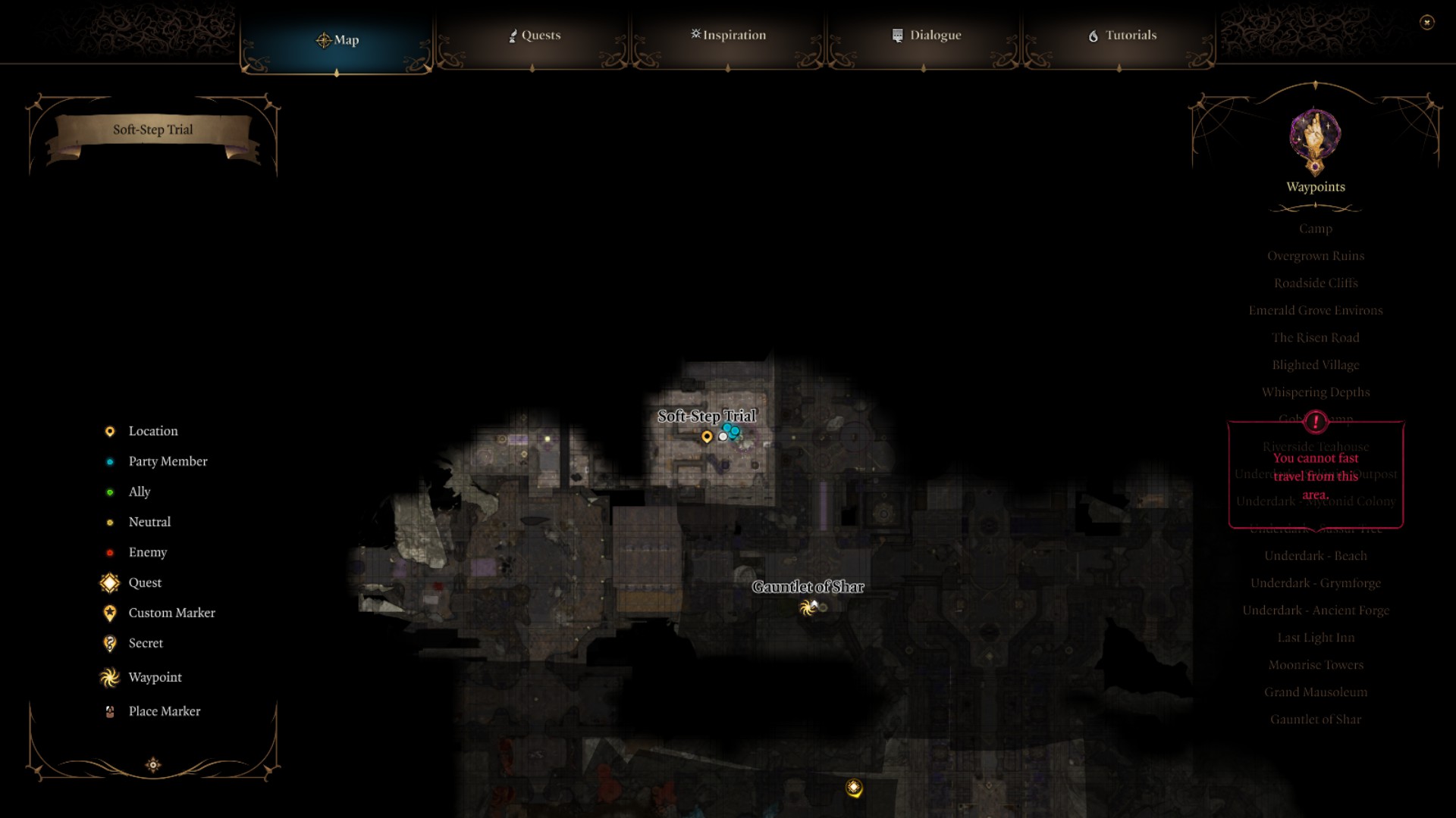 An image showing the location of the Soft-Step Trial in Baldur's Gate 3's Gauntlet of Shar.