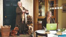Two images of Katie Fforde taken inside her home, on the left she's with her dogs, on the right she's at her desk writing on a laptop