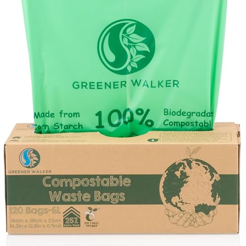 Greener Walker 25% Extra Thick Compost 6l/10l/30l Caddy Bin Liners-120 Bags Biodegradable Kitchen Food Waste Bags(6l)