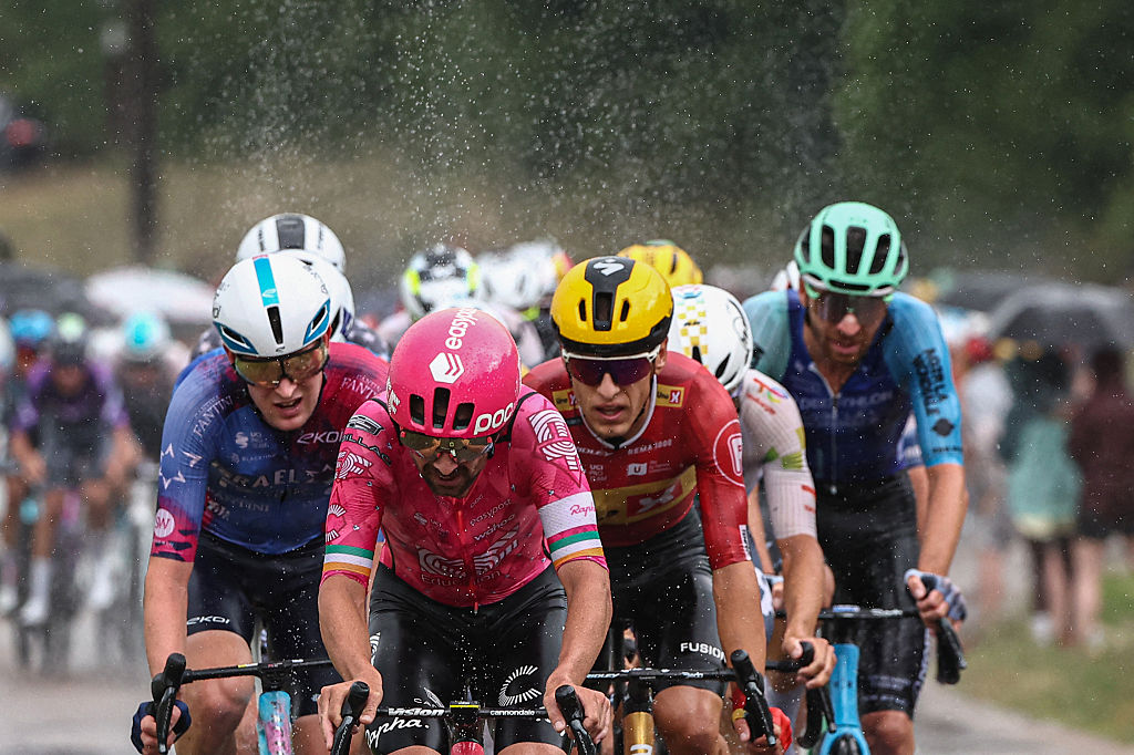 (From L) Israel - Premier Tech team's British rider Joe Blackmore, EF Education - EasyPost team's Irish rider Ben Healy, Uno-X Mobility team's Norwegian rider Tobias Johannessen, Decathlon AG2R La Mondial Team's French rider Aurelien Paret-Peintre cycle in a breakaway during the 20th stage of the 112th edition of the Tour de France cycling race, 184.2 km between Nantua and Pontarlier, in the Jura, eastern France, on July 26, 2025. (Photo by Anne-Christine POUJOULAT / AFP)