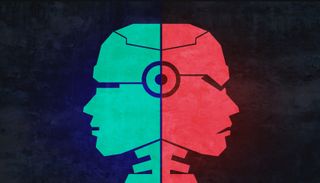 Two robotic faces in green and red indicating a good bot and a bad bot representing the positive and negative impacts of AI and chatbots.