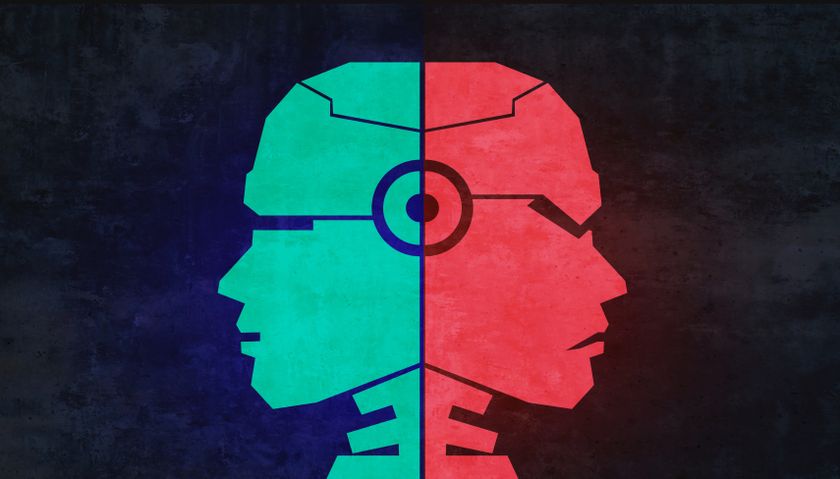 Two robotic faces in green and red indicating a good bot and a bad bot representing the positive and negative impacts of AI and chatbots.