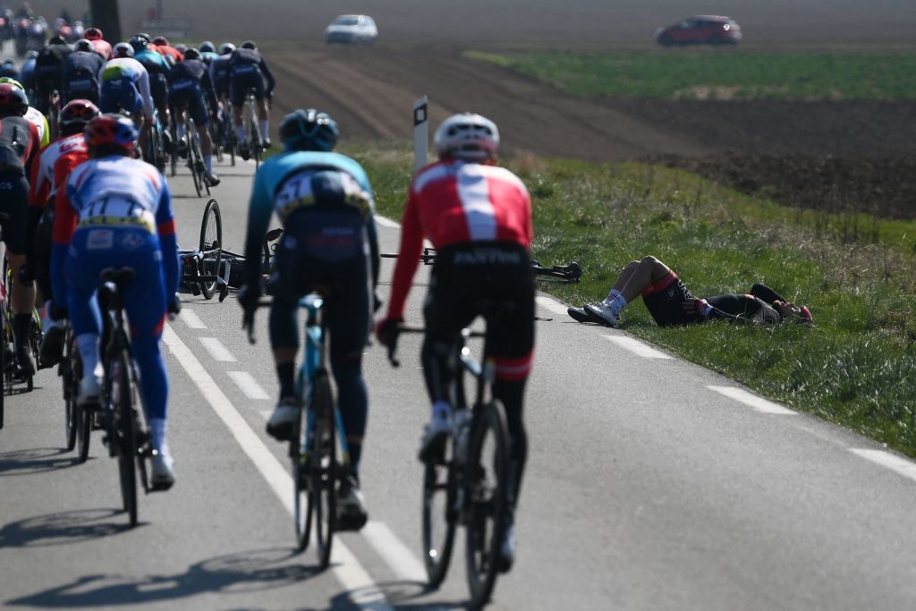 UAE Team Emirates Italian rider Matteo Trentin R reacts after a fall during the 2nd stage of the 80th edition of the Paris Nice cycling race 1595 km between Auffargis and Orleans on March 7 2022 Photo by FRANCK FIFE AFP Photo by FRANCK FIFEAFP via Getty Images