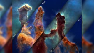 three orange and blue clouds of gas in space reach upwards similar to architectural pillars
