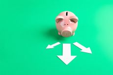 a piggy bank at the fork of a road with multiple paths