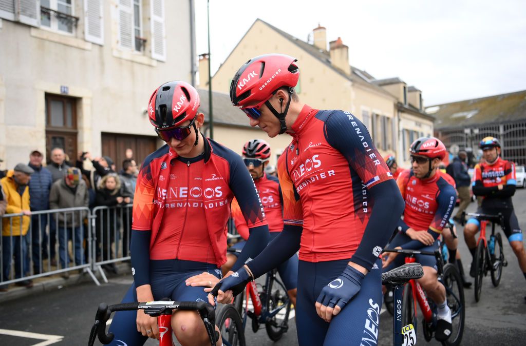 SAINTAMANDMONTROND FRANCE MARCH 08 LR Michael Joshua Tarling and Connor Swift of The United Kingdom and Team INEOS Grenadiers prior to the 81st Paris Nice 2023 Stage 4 a 1647km stage from SaintAmandMontrond to La Loge des Gardes 1077m UCIWT ParisNice on March 08 2023 in SaintAmandMontrond France Photo by Alex BroadwayGetty Images