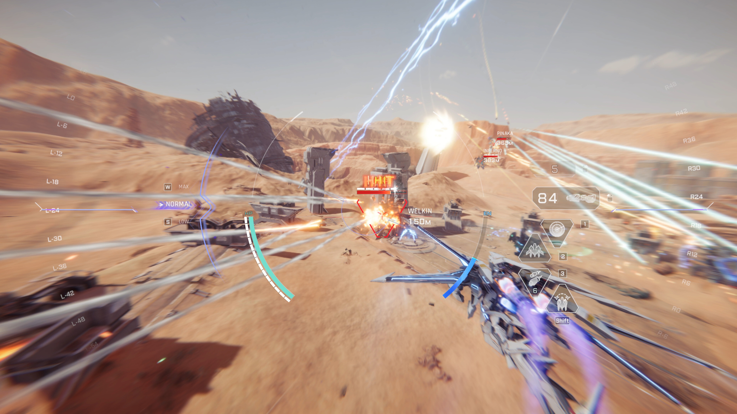Mecha Break release times: A mech flying towards enemies while firing at them in a desert environment.
