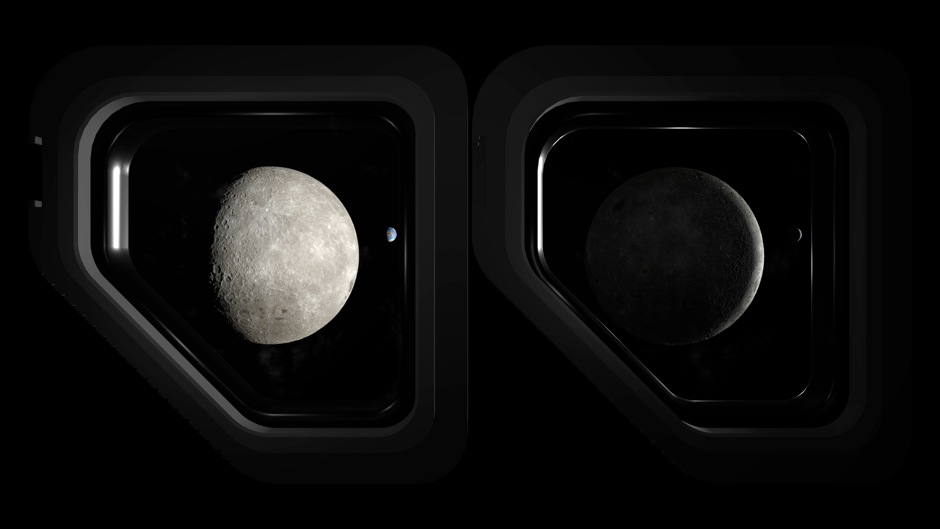 Duas imagens lado a lado mostram a Lua próxima ao que parece ser uma pequena Terra, vista através da janela de uma espaçonave