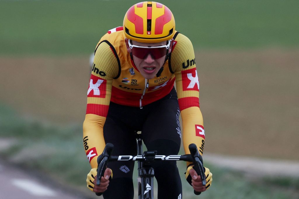 UnoX Pros Danish rider Jonas Gregaard Wilsly cycles ahead in a breakaway during the 2nd stage of the 81st Paris Nice cycling race 164 km between Bazainville and Fontainebleau on March 6 2023 Photo by ANNECHRISTINE POUJOULAT AFP Photo by ANNECHRISTINE POUJOULATAFP via Getty Images