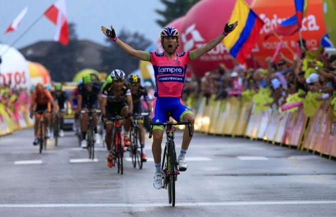 Diego Ulissi (Lampre-Merida) celebrates victory in stage 1 at the Tour of Poland