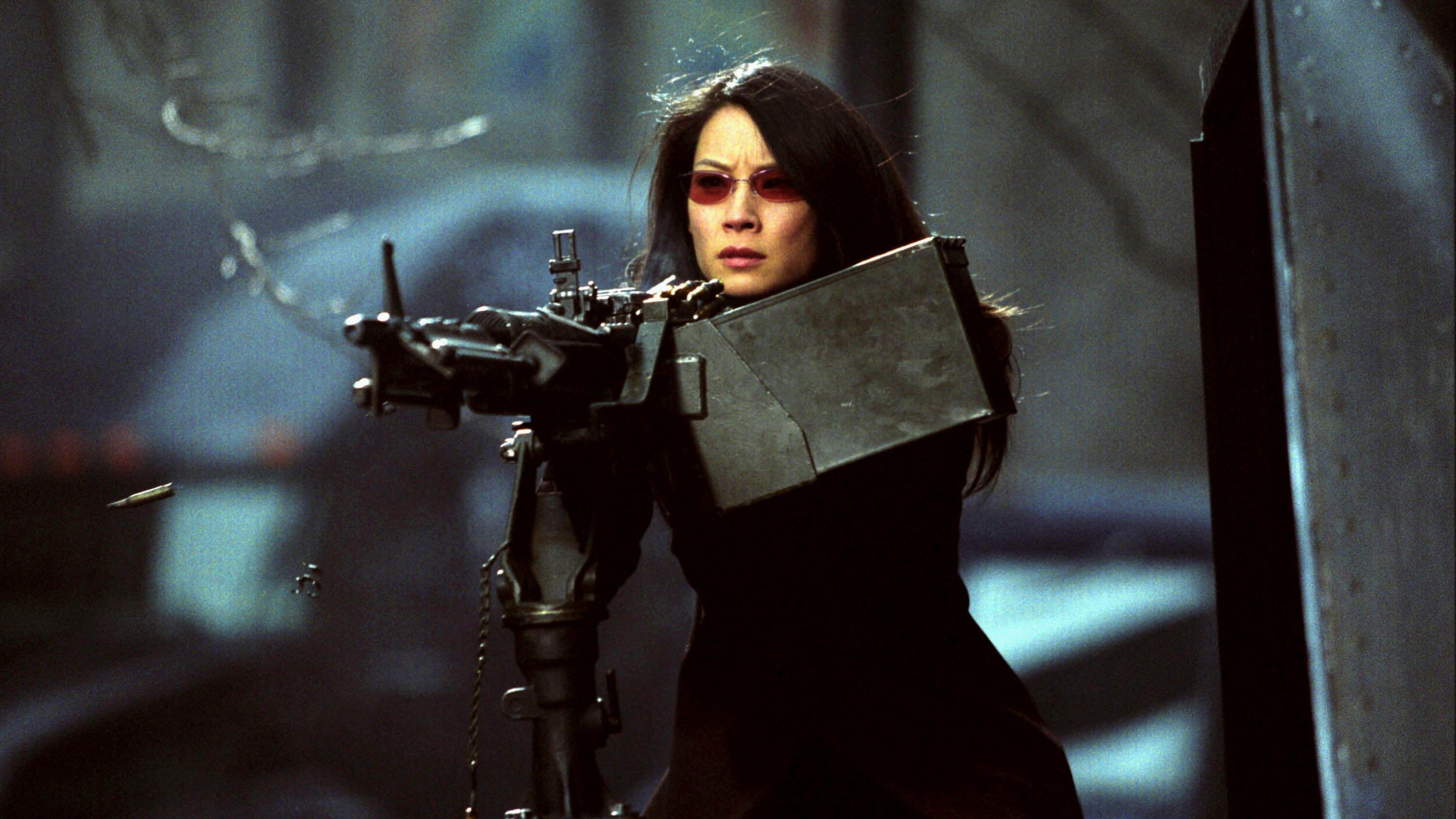 Lucy Liu as Sever using a mounted gun in Ballistic: Ecks Vs Sever