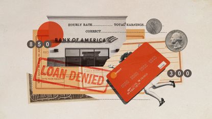 Photo collage of a young woman being crushed by a giant credit card, and various paper ephemera relating to loans and personal finance.