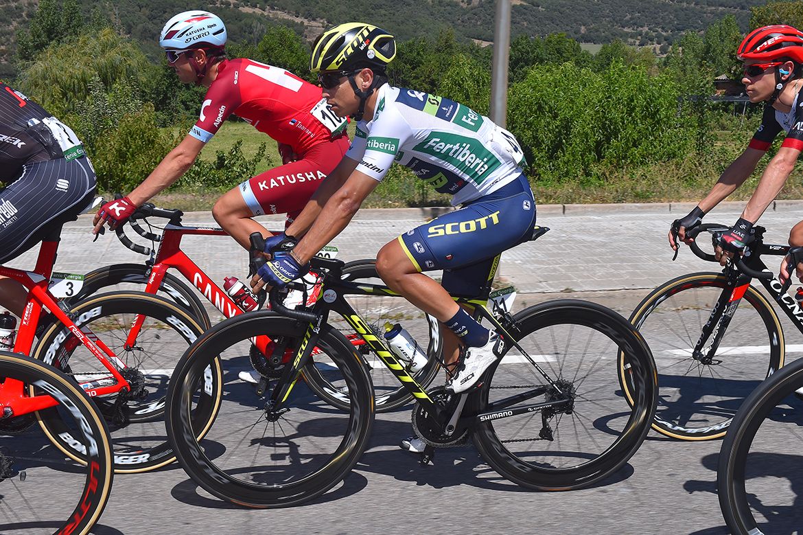 Esteban Chaves wears the white combination jersey
