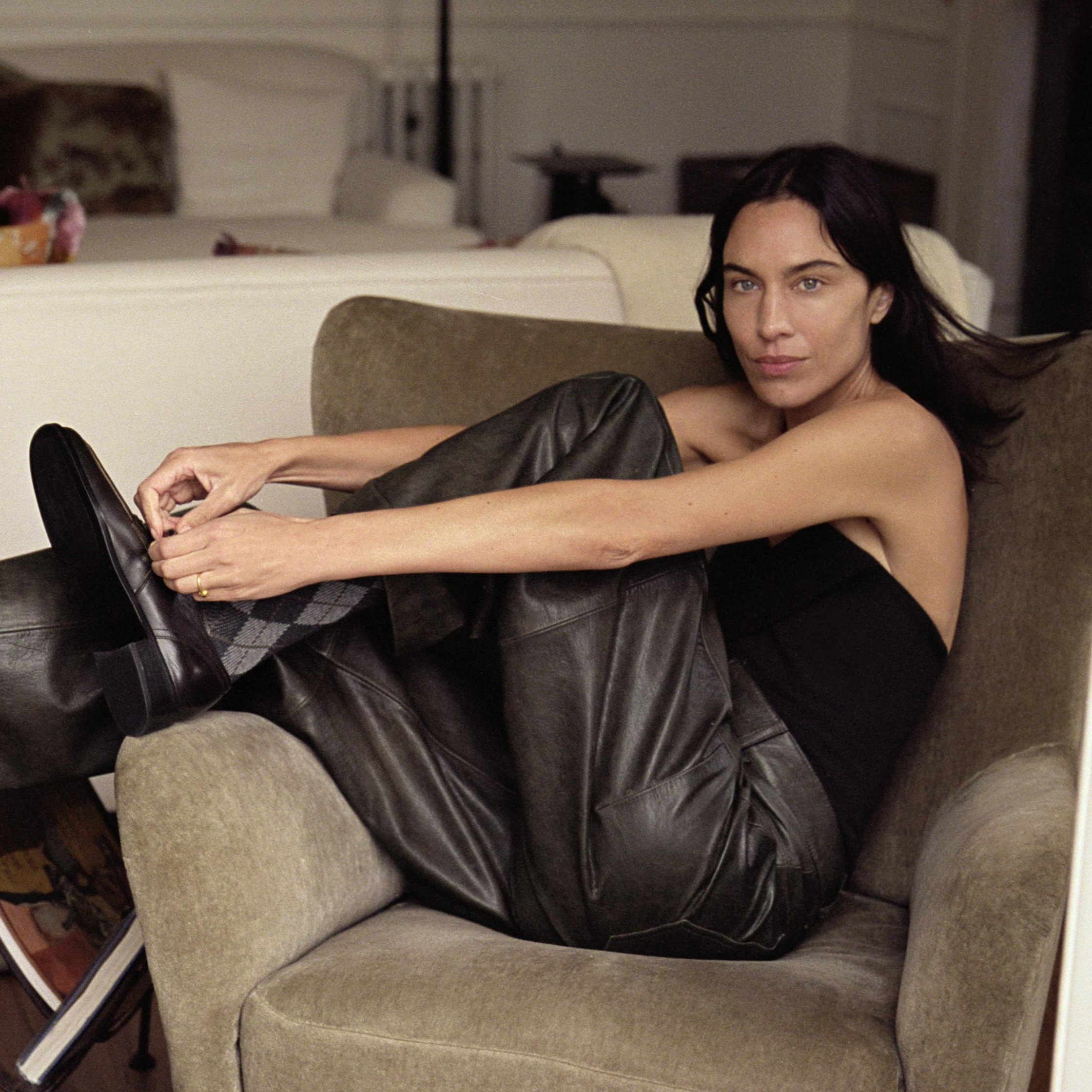 collage of two looks from Alexa Chung's fall 2025 Zara campaign photoshoot with leather pants and loafers