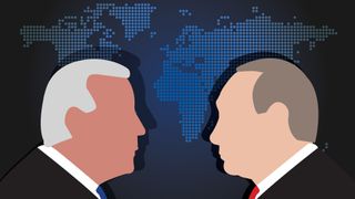 llustration of Joe Biden and Vladimir Putin over world map