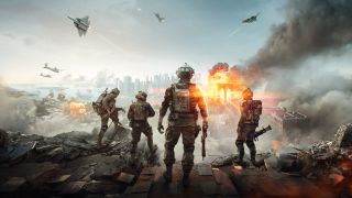 Key art for Battlefield 6 showing soldiers looking out across a warzone as military aircraft crowd the sky and a bridge explodes