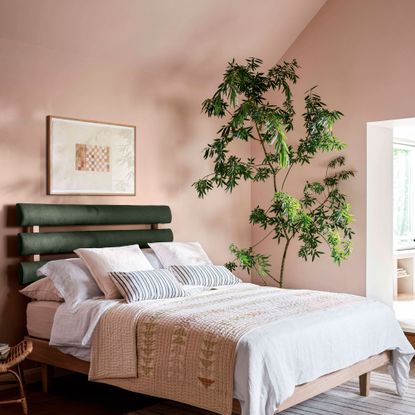 Pink bedroom with a wooden bed with pink pattern bedding on top, a large indoor tree in corner