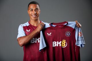 New signing Youri Tielemans of Aston Villa poses for a picture at Bodymoor Heath training ground on July 01, 2023 in Birmingham, England.