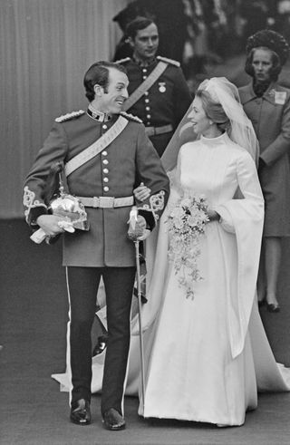 Princess Anne and Mark Phillips after their wedding ceremony at Westminster Abbey in London, UK, 14th November 1973